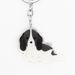 Black & White Basset Hound Acrylic Dog Keychain | Cartoon Kawaii Art Puppy Glitter Charm | Chibi Cute Animal Lover Pet Loss Memorial Gift