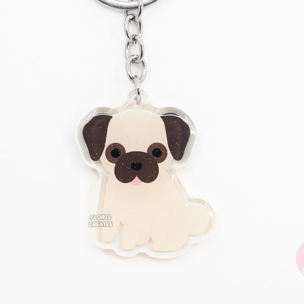 Apricot Pug Clear Dog Breed Acrylic Keychain | Cartoon Kawaii Art Puppy Glitter Charm | Chibi Cute Animal Lover Pet Loss Memorial Gift