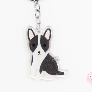 Black & White Bull Terrier Acrylic Mixed Dog Keychain | Cartoon Kawaii Art Puppy Lover Glitter Charm | Chibi Cute Pet Loss Memorial Gift