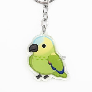 Llavero acrílico de loro amazónico de frente azul / Dije de purpurina de doble cara con diseño de dibujos animados kawaii / Regalo para amantes de las mascotas exóticas con un toque chibi
