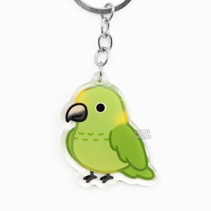 Llavero acrílico de loro amazónico de nuca amarilla / Dije de purpurina de doble cara con diseño de dibujos animados kawaii / Regalo para amantes de las mascotas exóticas