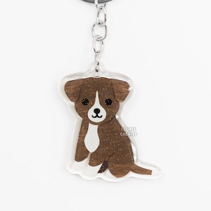 Brindle Mountain Cur Acrylic Dog Breed Keychain | Cartoon Kawaii Art Puppy Glitter Charm | Chibi Cute Animal Lover Pet Loss Memorial Gift