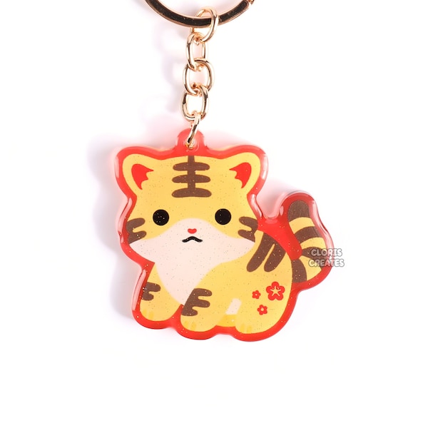 Year of the Tiger Acrylic Glitter Keychain | Kawaii Chibi Lunar New Year Zodiac Animal Lover Art Charm | Cute Cartoon Souvenir Keyring Gift