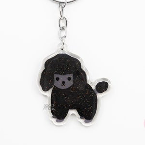 Black Standard Poodle Clear Acrylic Dog Keychain | Cartoon Kawaii Art Puppy Glitter Charm | Chibi Cute Animal Lover Pet Loss Memorial Gift