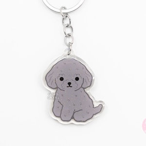 Silver Toy Poodle Dog Breed Acrylic Keychain | Cartoon Kawaii Art Puppy Glitter Charm | Chibi Cute Animal Lover Pet Loss Memorial Gift