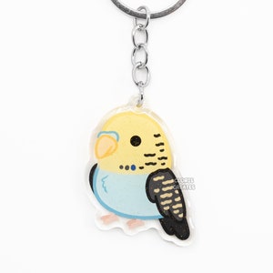 Llavero acrílico de periquito azul cielo con cara amarilla, diseño de raza de pájaro, con purpurina y dibujos animados, regalo kawaii para amantes de las mascotas exóticas.