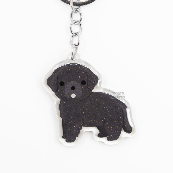 Black Newfoundland Newfie Acrylic Dog Breed Keychain | Cartoon Kawaii Art Puppy Lover Glitter Charm | Chibi Cute Pet Loss Memorial Gift