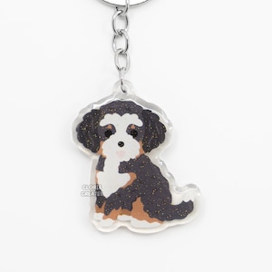 Bernedoodle Aussiedoodle Acrylic Mixed Dog Breed Keychain | Cartoon Kawaii Art Doodle Puppy Lover Glitter Charm | Chibi Cute Pet Loss Gift