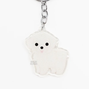 Kurzhaar Coton de Tulear Acrylhunderasse Schlüsselbund | Cartoon Kawaii Welpe Glitzer Anhänger | Chibi niedliches Tierliebhaber-Haustier-Verlust-Gedenkgeschenk