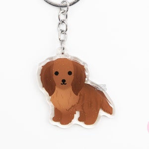 Irish Setter Longhaired Dachshund Acrylic Dog Breed Keychain | Cartoon Kawaii Art Puppy Glitter Charm | Chibi Cute Pet Loss Memorial Gift