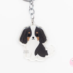 Tricolor Cavalier King Charles Spaniel Acrylic Dog Keychain | Cartoon Kawaii Art Puppy Glitter Charm | Chibi Cute Pet Loss Memorial Gift