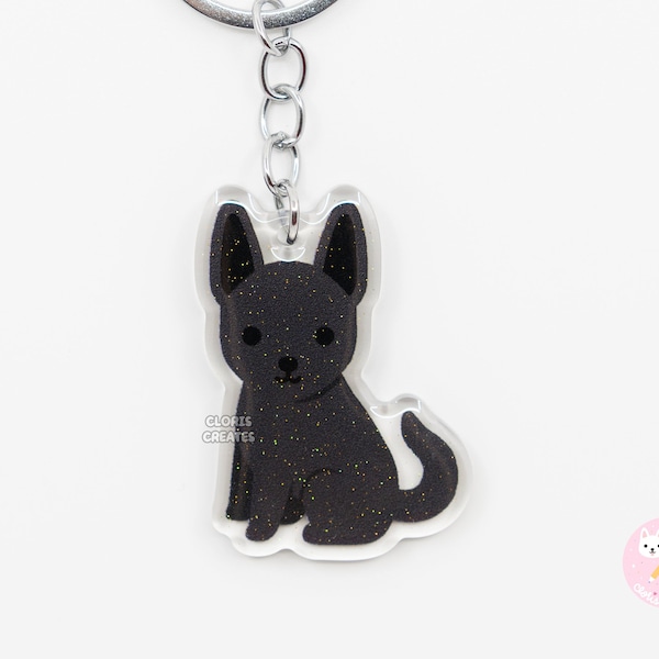 Black Belgian Malinois Acrylic Dog Breed Keychain | Cartoon Kawaii Art Puppy Glitter Charm | Chibi Cute Animal Lover Pet Loss Memorial Gift