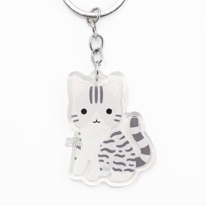 Gray Tabby Cat Acrylic Pet Breed Keychain | Cartoon Chibi Animal Art Glitter Zipper Pull Charm | Kawaii Cute Kitten Loss Memorial Gift