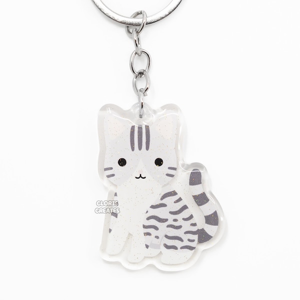 Gray Tabby Cat Acrylic Pet Breed Keychain | Cartoon Chibi Animal Art Glitter Zipper Pull Charm | Kawaii Cute Kitten Loss Memorial Gift