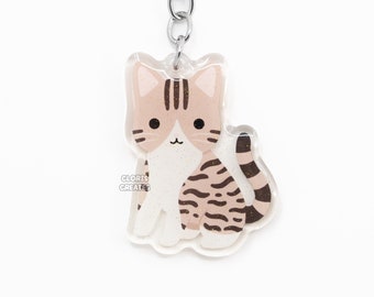 Puede incluir: Un llavero de gato tabby marrón y blanco con un llavero plateado. El gato está sentado con la cola enroscada alrededor de sus patas. El llavero está hecho de acrílico transparente con un acabado brillante.