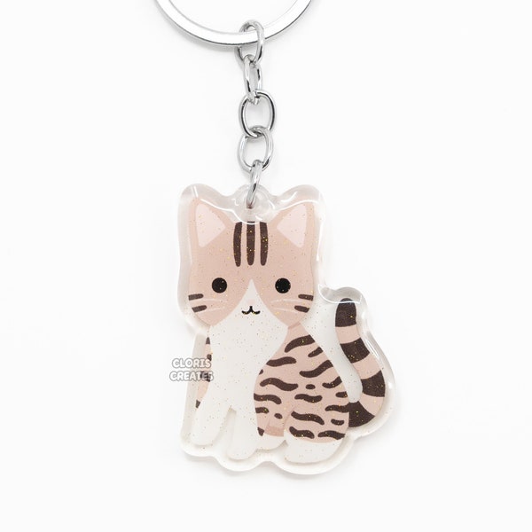 Porte-clés acrylique de race d'animal de compagnie de chat tigré brun | Cartoon Chibi Art animalier scintillant | Cadeau commémoratif de perte de chaton mignon kawaii