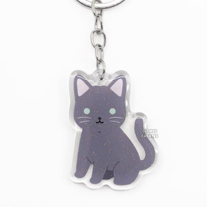 Porte-clés acrylique chat gris bleu russe de race d'animal de compagnie | Charm scintillant art animalier Chibi dessin animé | Cadeau mignon kawaii pour chaton domestique à poil court