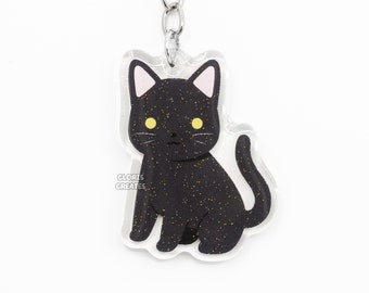 Shorthaired Black Cat Acrylic Pet Breed Keychain | Cartoon Bombay Animal Art Glitter Charm | Kawaii Cute Domestic Kitten Loss Memorial Gift