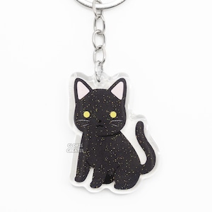 Shorthaired Black Cat Acrylic Pet Breed Keychain | Cartoon Bombay Animal Art Glitter Charm | Kawaii Cute Domestic Kitten Loss Memorial Gift