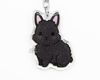 Black Lionhead Rabbit Acrylic Pet Breed Keychain | Cartoon Kawaii Art Double-Sided Bunny Epoxy Glitter Charm | Chibi Cute Animal Lover Gift