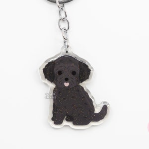 Black Goldendoodle Labradoodle Acrylic Mixed Dog Keychain | Cartoon Kawaii Doodle Puppy Glitter Charm | Chibi Cute Pet Loss Memorial Gift