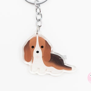 Red Tricolor Basset Hound Acrylic Dog Breed Keychain | Cartoon Kawaii Puppy Glitter Charm | Chibi Cute Animal Lover Pet Loss Memorial Gift