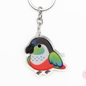 Llavero acrílico de periquito de vientre carmesí, estilo kawaii de dibujos animados, con purpurina, regalo para amantes de las mascotas exóticas.