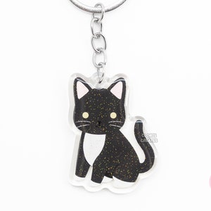 Black Tuxedo Cat Acrylic Pet Breed Keychain | Cartoon Chibi Animal Art Lover Glitter Charm | Kawaii Cute Kitten Loss Memorial Keyring Gift