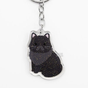 Black Persian Cat Acrylic Pet Breed Keychain | Cartoon Chibi Animal Art Glitter Charm | Kawaii Cute Longhaired Kitten Loss Memorial Gift