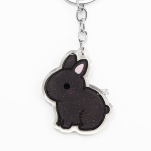 Porte-clés acrylique noir de race de lapin nain des Pays-Bas | Charm lapin recto-verso Art Kawaii dessin animé | Cadeau mignon chibi pour les amoureux des animaux