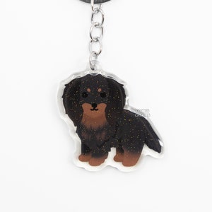 Gordon Setter Longhaired Dachshund Acrylic Dog Breed Keychain | Cartoon Kawaii Art Puppy Glitter Charm | Chibi Cute Pet Loss Memorial Gift