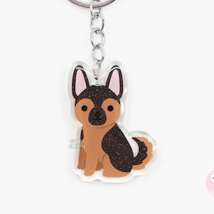 Red German Shepherd Acrylic Dog Breed Keychain | Cartoon Kawaii Art Puppy Glitter Charm | Chibi Cute Animal Lover Pet Loss Memorial Gift