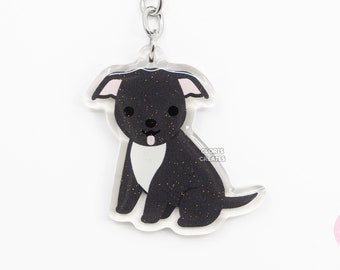 Black Pitbull Staffy Staffordshire Bull Terrier Acrylic Dog Keychain | Cartoon Kawaii Art Puppy Glitter Charm | Chibi Cute Pet Loss Gift