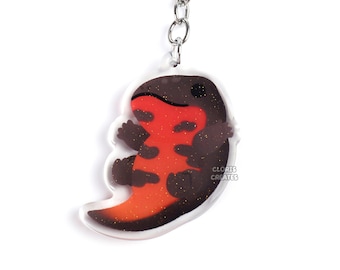 Fire Belly Newt Acrylic Red Lizard Keychain | Cartoon Kawaii Art Exotic Pet Breed Glitter Charm | Chibi Cute Amphibian Reptile Animal Gift