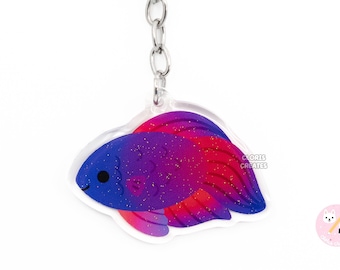Betta Fish Red Purple Blue Veiltail Keychain | Cartoon Aquarium Art Double Sided Glitter Acrylic Charm | Kawaii Cute Animal Lover Pet Gift