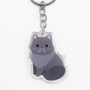 Blue Gray Persian Cat Acrylic Pet Breed Keychain | Cartoon Chibi Animal Art Glitter Charm | Kawaii Cute Longhaired Kitten Loss Memorial Gift