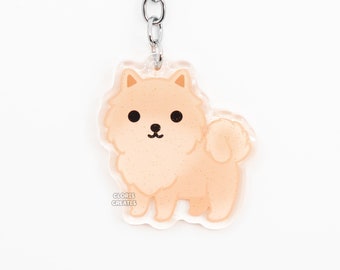 Portachiavi di razza cane acrilico rosso Pomerania / Cartoon Kawaii Art Puppy Glitter Charm / Chibi Cute Animal Lover Pet Loss Memorial Gift