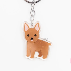 Red Min Pin German Pinscher Acrylic Dog Keychain | Cartoon Kawaii Art Puppy Glitter Charm | Chibi Cute Animal Lover Pet Loss Memorial Gift