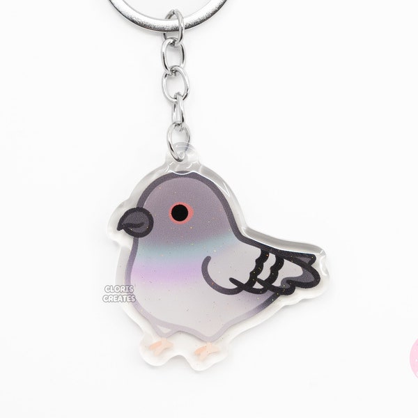 Porte-clés acrylique de race d'oiseau de pigeon de roche de colombe | Charm scintillant recto-verso art kawaii dessin animé | Joli cadeau exotique Chibi pour amoureux des animaux de compagnie