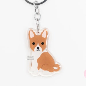 Red & White Basenji Acrylic Dog Breed Keychain | Cartoon Kawaii Art Puppy Glitter Charm | Chibi Cute Animal Lover Pet Loss Memorial Gift
