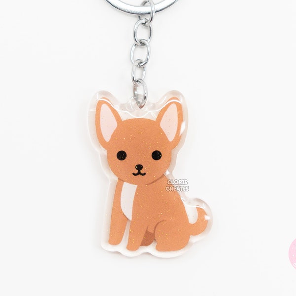 Red Chihuahua Acrylic Dog Breed Keychain | Cartoon Kawaii Art Puppy Epoxy Glitter Charm | Chibi Cute Animal Lover Pet Loss Memorial Gift