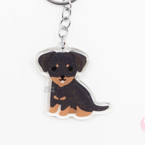 Black & Tan Chiweenie Acrylic Mixed Dog Keychain | Cartoon Kawaii Art Puppy Glitter Charm | Chibi Cute Animal Lover Pet Loss Memorial Gift
