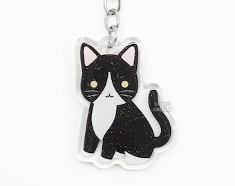 Black Tuxedo Cat Acrylic Pet Breed Keychain | Cartoon Chibi Animal Art Lover Glitter Charm | Kawaii Cute Kitten Loss Memorial Keyring Gift