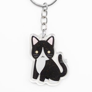 Black Tuxedo Cat Acrylic Pet Breed Keychain | Cartoon Chibi Animal Art Lover Glitter Charm | Kawaii Cute Kitten Loss Memorial Keyring Gift