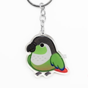 Llavero acrílico con diseño de conure de mejillas verdes, estilo artístico kawaii de dibujos animados, con purpurina, regalo para amantes de las mascotas exóticas