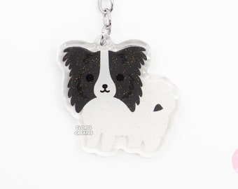 Black Papillon Acrylic Dog Breed Keychain | Cartoon Kawaii Art Puppy Glitter Charm | Chibi Cute Animal Lover Pet Loss Memorial Gift