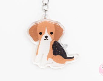 Tricolor Beagle Acrylic Dog Breed Keychain | Cartoon Kawaii Art Puppy Epoxy Glitter Charm | Chibi Cute Animal Lover Pet Loss Memorial Gift