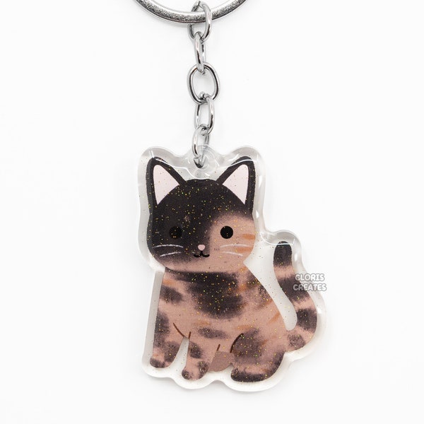 Porte-clés acrylique chat écaille de tortue à poil court | Charm scintillant art animalier Chibi dessin animé | Cadeau de perte de chaton mignon kawaii