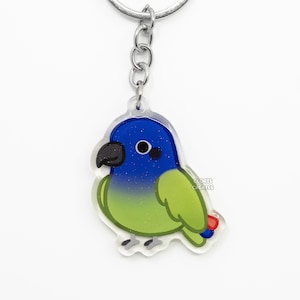 Llavero acrílico con diseño de loro pionus con capucha azul, diseño de raza de ave, amuleto de doble cara con diseño de dibujos animados kawaii, regalo para amantes de las mascotas exóticas de chibi