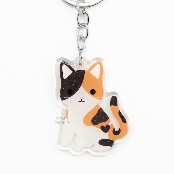Shorthaired Calico Cat Acrylic Pet Breed Keychain | Cartoon Chibi Art Glitter Charm | Kawaii Cute Kitten Lover Pet Loss Memorial Gift